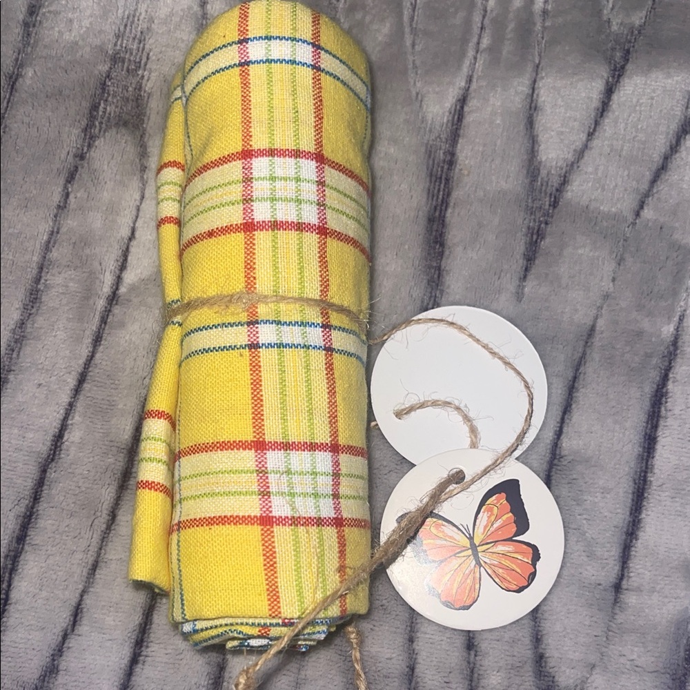 Yellow Plaid Cotton dishtowel - Bright Yellow with Multicolor Stripes